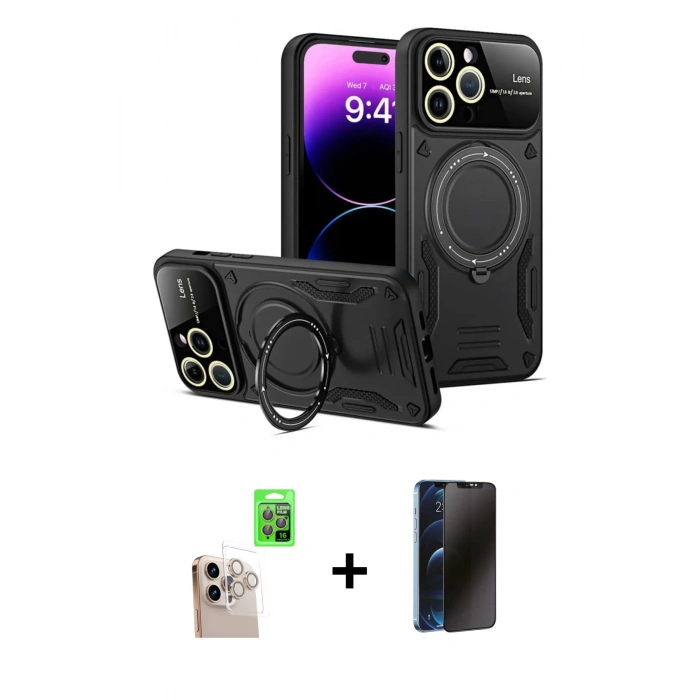 MARSİLYAN™- iPhone 16 Pro Max Kılıf Kıvılcım Modern Serisi - Siyah 3D Antistatik Hayalet Cam Ekran Koruyucu + Raze Metal Kamera Lens - NLGY