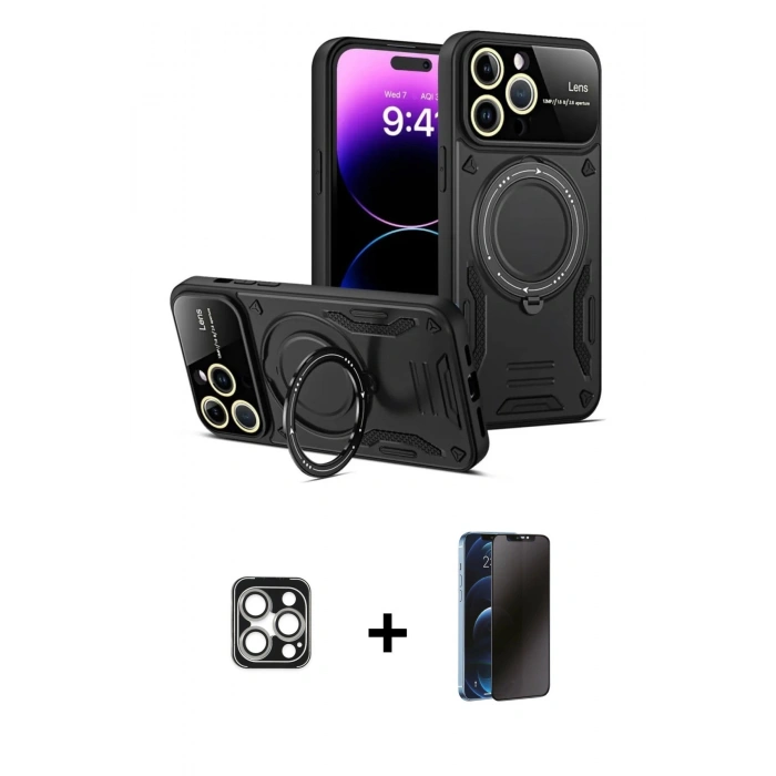 MARSİLYAN™- iPhone 16 Pro Max Kılıf Kıvılcım Modern Serisi - Siyah 3D Antistatik Hayalet Cam Ekran Koruyucu + PVD Metal Kamera Lens - GS