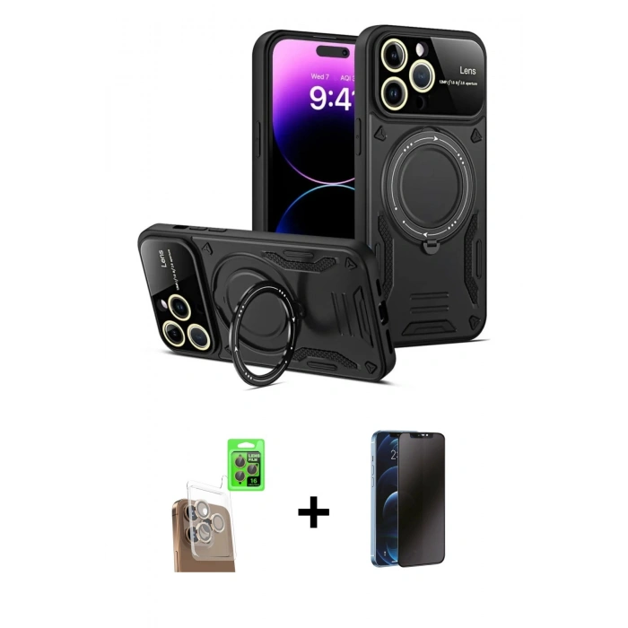 MARSİLYAN™- iPhone 16 Pro Max Kılıf Kıvılcım Modern Serisi - Siyah 3D Antistatik Hayalet Cam Ekran Koruyucu + Raze Metal Kamera Lens - CLTM
