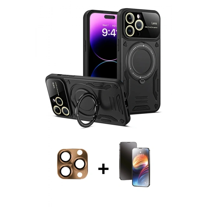 MARSİLYAN™- iPhone 16 Pro Max Kılıf Kıvılcım Modern Serisi - Siyah 3D Antistatik Mat Seramik Nano Ekran Koruyucu + Pers Alüminyum Kamera Lens - CLTM