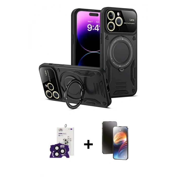 MARSİLYAN™- iPhone 16 Pro Max Kılıf Kıvılcım Modern Serisi - Siyah 3D Antistatik Mat Seramik Nano Ekran Koruyucu + Bilvis Titan Kamera Lens - SH