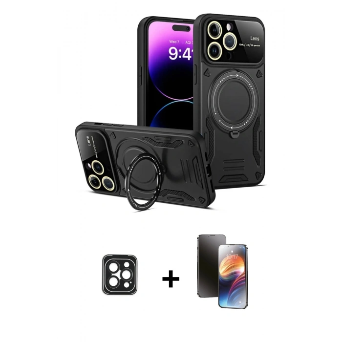 MARSİLYAN™- iPhone 16 Pro Max Kılıf Kıvılcım Modern Serisi - Siyah 3D Antistatik Mat Seramik Nano Ekran Koruyucu + PVD Metal Kamera Lens - SH