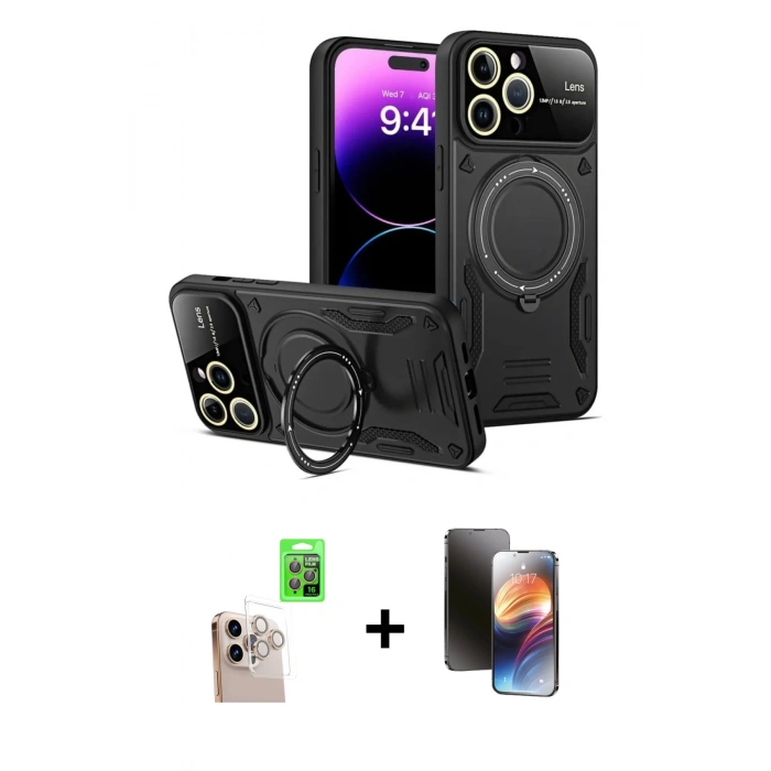 MARSİLYAN™- iPhone 16 Pro Max Kılıf Kıvılcım Modern Serisi - Siyah 3D Antistatik Mat Seramik Nano Ekran Koruyucu + Raze Metal Kamera Lens - NLGY