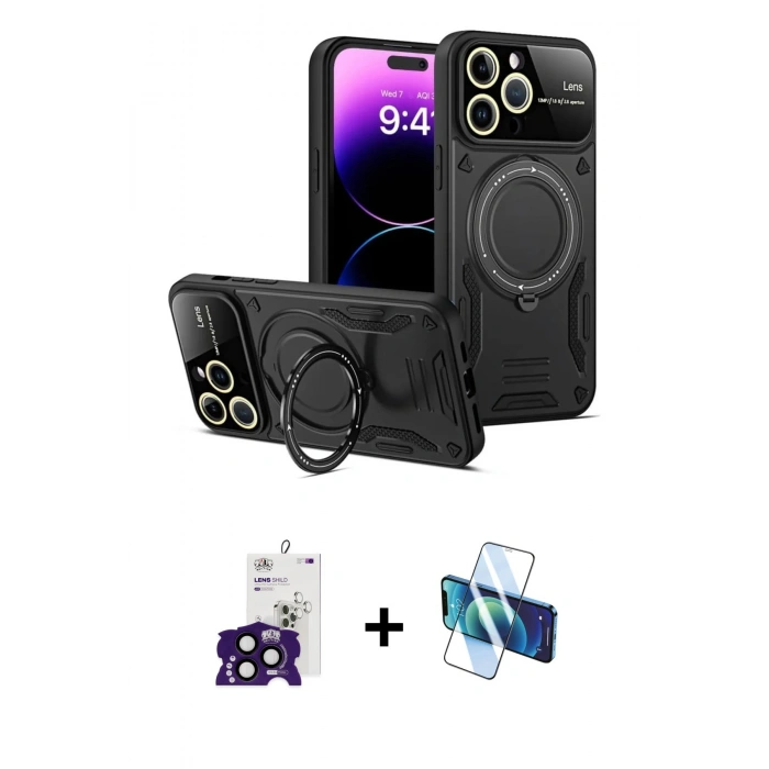 MARSİLYAN™- iPhone 16 Pro Max Kılıf Kıvılcım Modern Serisi - Siyah 3D Antistatik Seramik Nano Ekran Koruyucu + Bilvis Titan Kamera Lens - SH