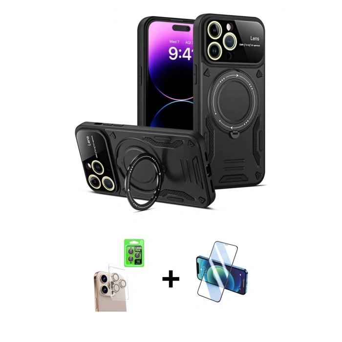 MARSİLYAN™- iPhone 16 Pro Max Kılıf Kıvılcım Modern Serisi - Siyah 3D Antistatik Seramik Nano Ekran Koruyucu + Raze Metal Kamera Lens - NLGY