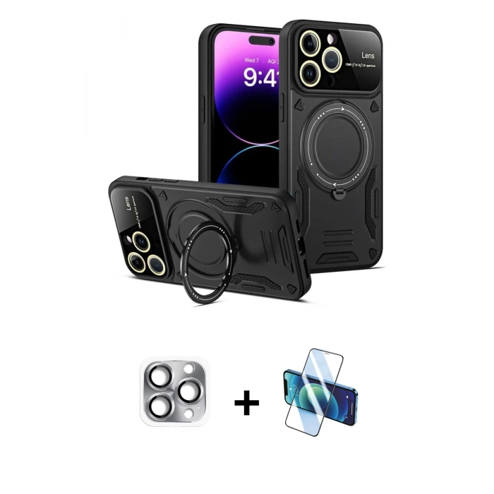 MARSİLYAN™- iPhone 16 Pro Max Kılıf Kıvılcım Modern Serisi - Siyah 3D Antistatik Seramik Nano Ekran Koruyucu + Pers Alüminyum Kamera Lens - GI