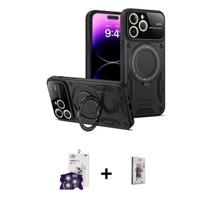 MARSİLYAN™- iPhone 16 Pro Max Kılıf Kıvılcım Modern Serisi - Siyah Bilvis 3D Cam Ekran Koruyucu + Bilvis Titan Kamera Lens - GS