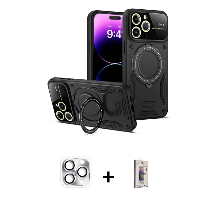MARSİLYAN™- iPhone 16 Pro Max Kılıf Kıvılcım Modern Serisi - Siyah Bilvis 3D Cam Ekran Koruyucu + Pers Alüminyum Kamera Lens - GS