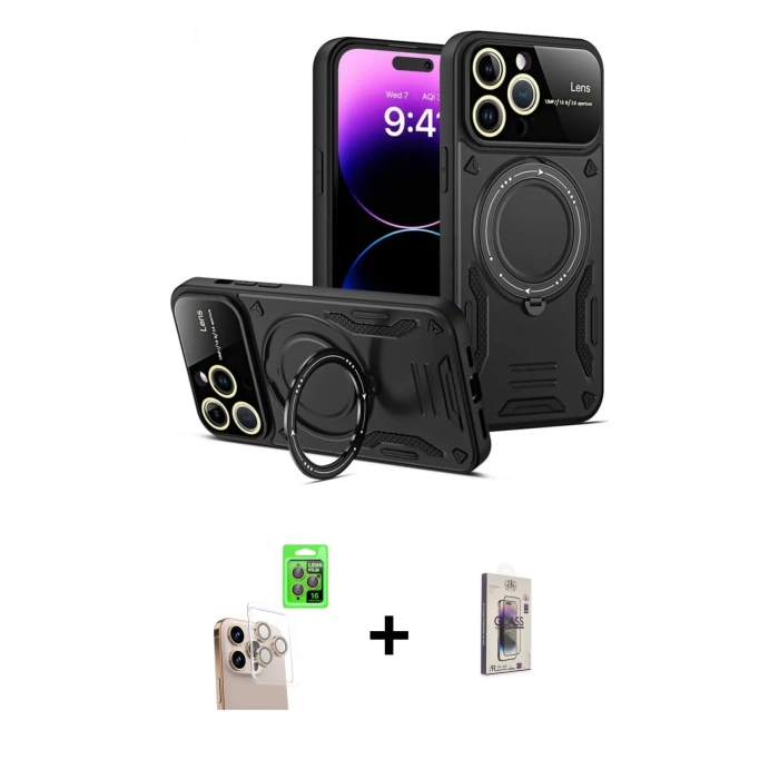 MARSİLYAN™- iPhone 16 Pro Max Kılıf Kıvılcım Modern Serisi - Siyah Bilvis 3D Cam Ekran Koruyucu + Raze Metal Kamera Lens - NLGY