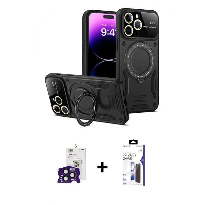 MARSİLYAN™- iPhone 16 Pro Max Kılıf Kıvılcım Modern Serisi - Siyah Bilvis 3X AR Hayalet Cam Ekran Koruyucu + Bilvis Titan Kamera Lens - SH