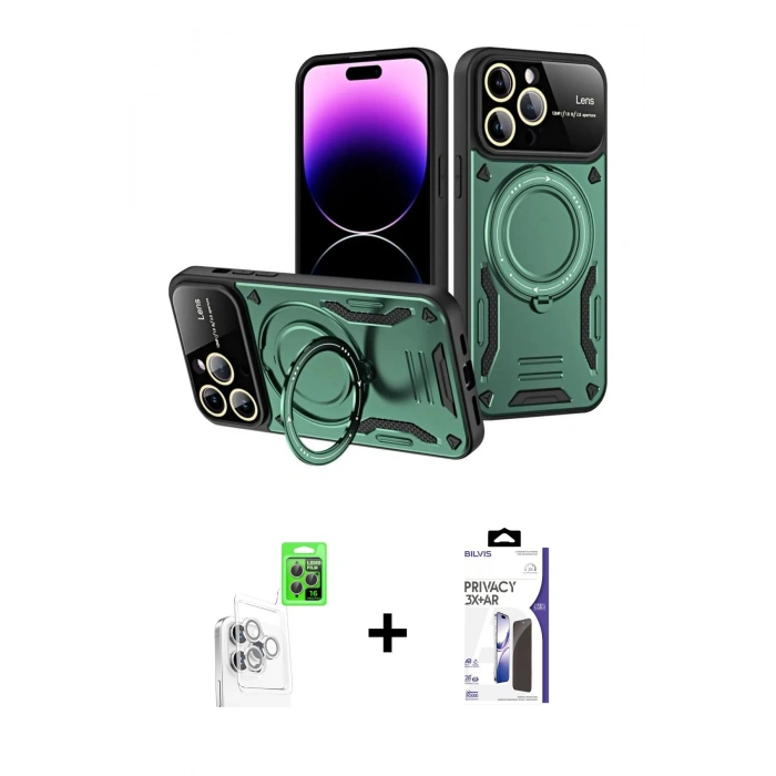 MARSİLYAN™- iPhone 16 Pro Max Kılıf Kıvılcım Modern Serisi - Siyah Bilvis 3X AR Hayalet Cam Ekran Koruyucu + Raze Metal Kamera Lens - BZ
