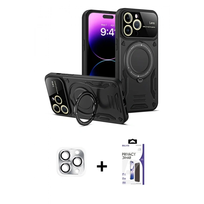 MARSİLYAN™- iPhone 16 Pro Max Kılıf Kıvılcım Modern Serisi - Siyah Bilvis 3X AR Hayalet Cam Ekran Koruyucu + Pers Alüminyum Kamera Lens - GS