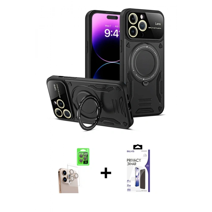 MARSİLYAN™- iPhone 16 Pro Max Kılıf Kıvılcım Modern Serisi - Siyah Bilvis 3X AR Hayalet Cam Ekran Koruyucu + Raze Metal Kamera Lens - NLGY