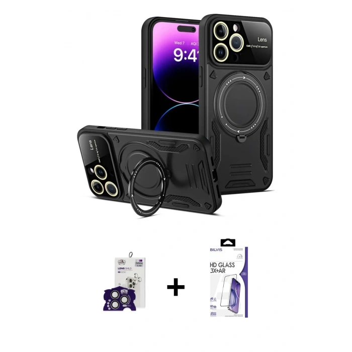 MARSİLYAN™- iPhone 16 Pro Max Kılıf Kıvılcım Modern Serisi - Siyah Bilvis 3X AR HD Cam Ekran Koruyucu + Bilvis Titan Kamera Lens - TMGI