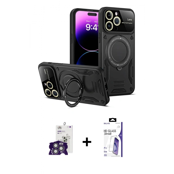 MARSİLYAN™- iPhone 16 Pro Max Kılıf Kıvılcım Modern Serisi - Siyah Bilvis 3X AR HD Cam Ekran Koruyucu + Bilvis Titan Kamera Lens - GS
