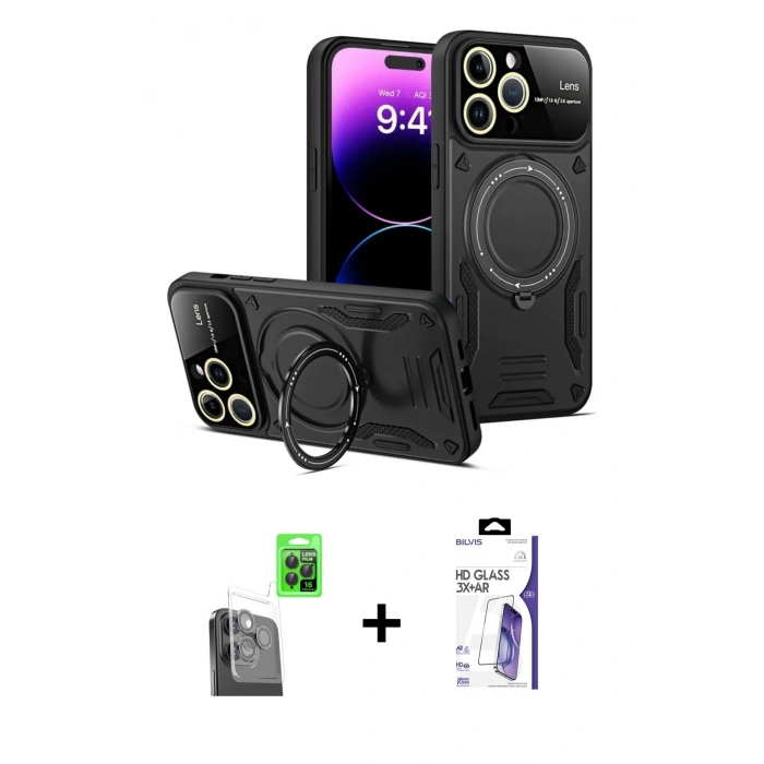 MARSİLYAN™- iPhone 16 Pro Max Kılıf Kıvılcım Modern Serisi - Siyah Bilvis 3X AR HD Cam Ekran Koruyucu + Raze Metal Kamera Lens - SH