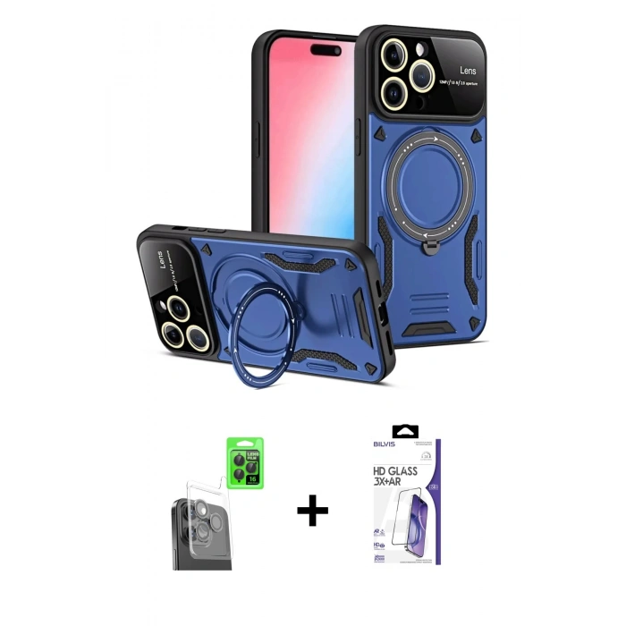MARSİLYAN™- iPhone 16 Pro Max Kılıf Kıvılcım Modern Serisi - Siyah Bilvis 3X AR HD Cam Ekran Koruyucu + Raze Metal Kamera Lens - SH