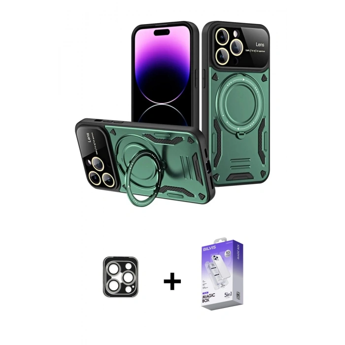 MARSİLYAN™- iPhone 16 Pro Max Kılıf Kıvılcım Modern Serisi - Siyah Bilvis 5in1 3D Magic Cam Ekran Koruyucu + PVD Metal Kamera Lens - GS