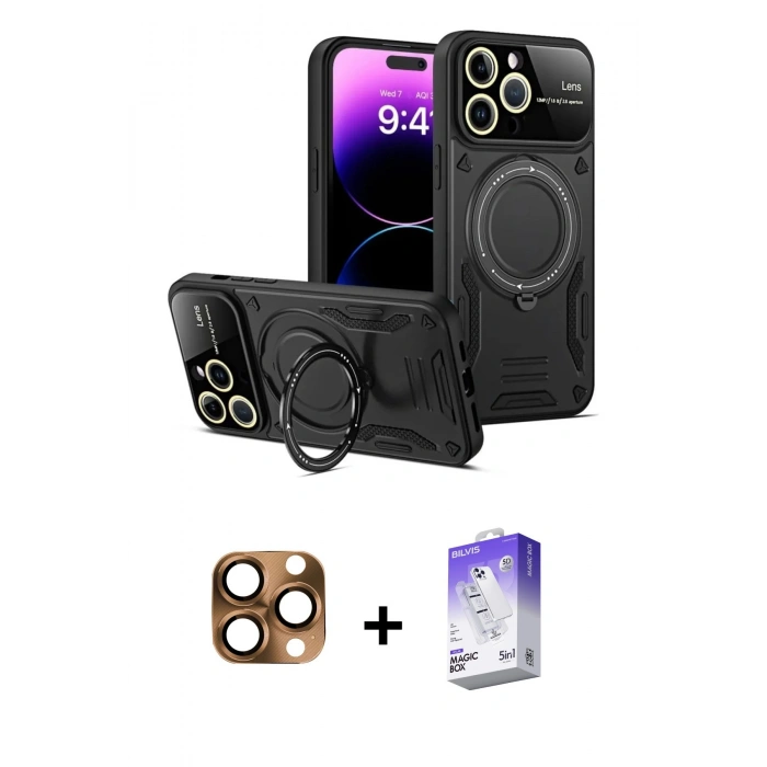 MARSİLYAN™- iPhone 16 Pro Max Kılıf Kıvılcım Modern Serisi - Siyah Bilvis 5in1 3D Magic Cam Ekran Koruyucu + Pers Alüminyum Kamera Lens - CLTM