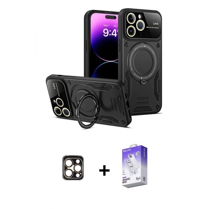 MARSİLYAN™- iPhone 16 Pro Max Kılıf Kıvılcım Modern Serisi - Siyah Bilvis 5in1 3D Magic Cam Ekran Koruyucu + PVD Metal Kamera Lens - GD