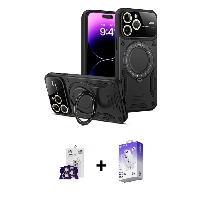 MARSİLYAN™- iPhone 16 Pro Max Kılıf Kıvılcım Modern Serisi - Siyah Bilvis 5in1 3D Magic Cam Ekran Koruyucu + Bilvis Titan Kamera Lens - TMGI