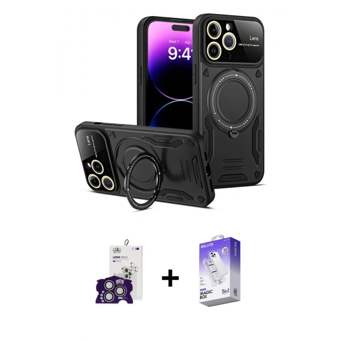 MARSİLYAN™- iPhone 16 Pro Max Kılıf Kıvılcım Modern Serisi - Siyah Bilvis 5in1 3D Magic Cam Ekran Koruyucu + Bilvis Titan Kamera Lens - GS
