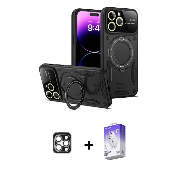 MARSİLYAN™- iPhone 16 Pro Max Kılıf Kıvılcım Modern Serisi - Siyah Bilvis 5in1 3D Magic Cam Ekran Koruyucu + PVD Metal Kamera Lens - GS
