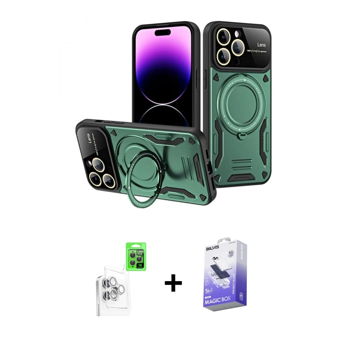 MARSİLYAN™- iPhone 16 Pro Max Kılıf Kıvılcım Modern Serisi - Siyah Bilvis 5in1 5D Magic Hayalet Cam Ekran Koruyucu + Beyaz Raze Metal Kamera Lens
