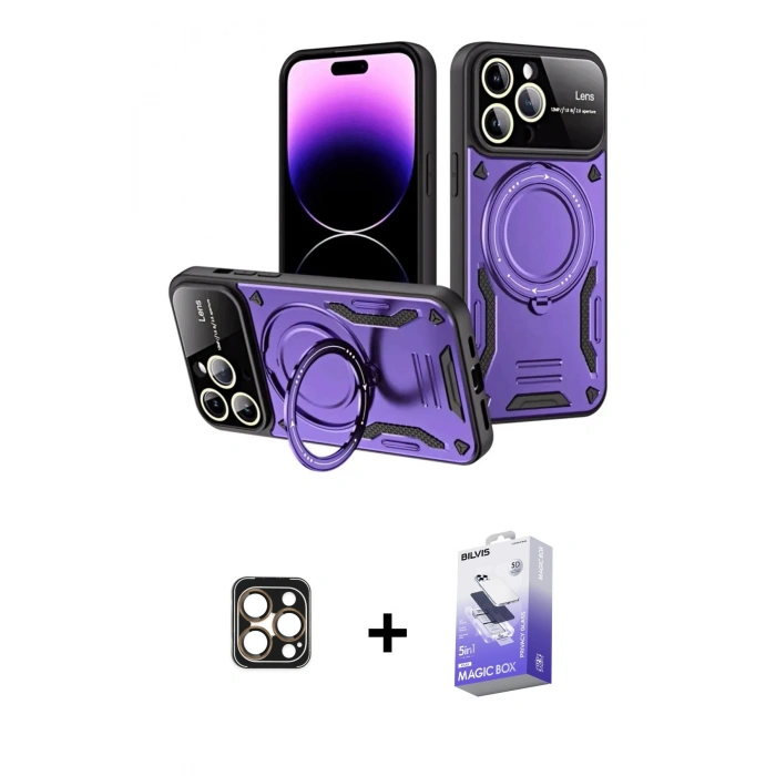 MARSİLYAN™- iPhone 16 Pro Max Kılıf Kıvılcım Modern Serisi - Siyah Bilvis 5in1 5D Magic Hayalet Cam Ekran Koruyucu + PVD Metal Kamera Lens - GD