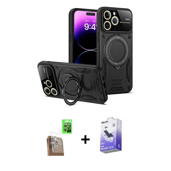 MARSİLYAN™- iPhone 16 Pro Max Kılıf Kıvılcım Modern Serisi - Siyah Bilvis 5in1 5D Magic Hayalet Cam Ekran Koruyucu + Çöl Titanyum Raze Metal Kamera Lens