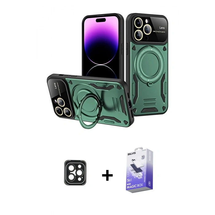 MARSİLYAN™- iPhone 16 Pro Max Kılıf Kıvılcım Modern Serisi - Siyah Bilvis 5in1 5D Magic Hayalet Cam Ekran Koruyucu + PVD Metal Kamera Lens - SH