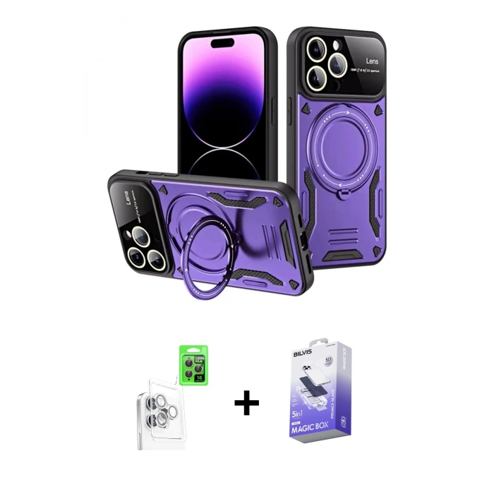 MARSİLYAN™- iPhone 16 Pro Max Kılıf Kıvılcım Modern Serisi - Siyah Bilvis 5in1 5D Magic Hayalet Cam Ekran Koruyucu + Beyaz Raze Metal Kamera Lens