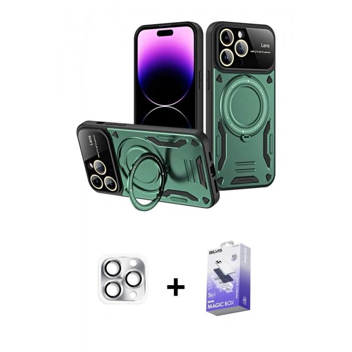 MARSİLYAN™- iPhone 16 Pro Max Kılıf Kıvılcım Modern Serisi - Siyah Bilvis 5in1 5D Magic Hayalet Cam Ekran Koruyucu + Pers Alüminyum Kamera Lens - GS