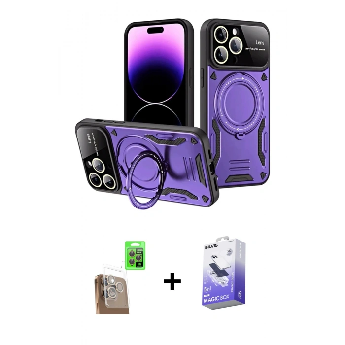 MARSİLYAN™- iPhone 16 Pro Max Kılıf Kıvılcım Modern Serisi - Siyah Bilvis 5in1 5D Magic Hayalet Cam Ekran Koruyucu + Çöl Titanyum Raze Metal Kamera Lens
