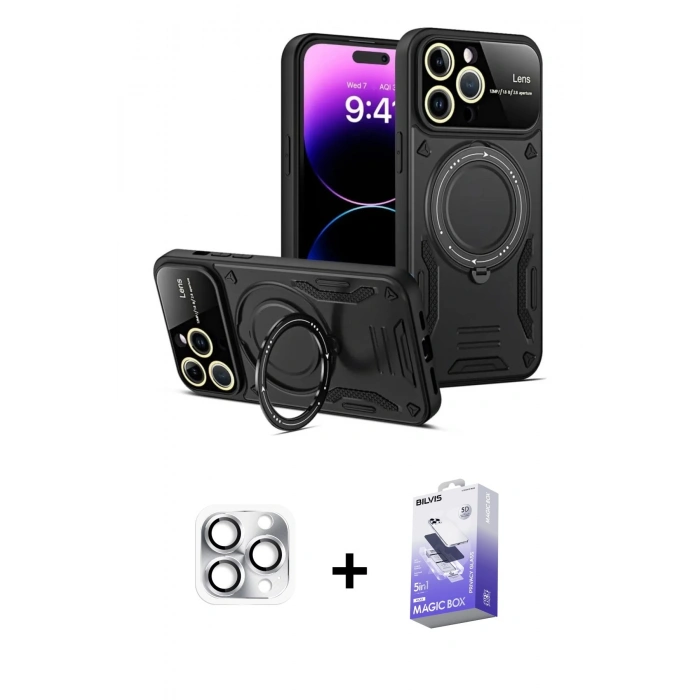 MARSİLYAN™- iPhone 16 Pro Max Kılıf Kıvılcım Modern Serisi - Siyah Bilvis 5in1 5D Magic Hayalet Cam Ekran Koruyucu + Pers Alüminyum Kamera Lens - GS