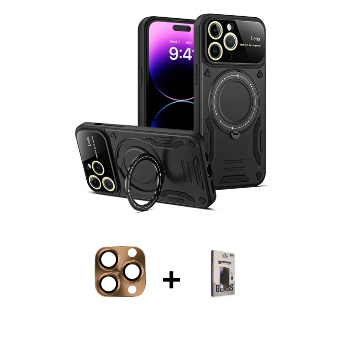 MARSİLYAN™- iPhone 16 Pro Max Kılıf Kıvılcım Modern Serisi - Siyah Bilvis Hayalet Cam Ekran Koruyucu + Pers Alüminyum Kamera Lens - CLTM