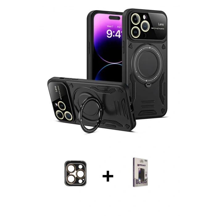 MARSİLYAN™- iPhone 16 Pro Max Kılıf Kıvılcım Modern Serisi - Siyah Bilvis Hayalet Cam Ekran Koruyucu + PVD Metal Kamera Lens - GD