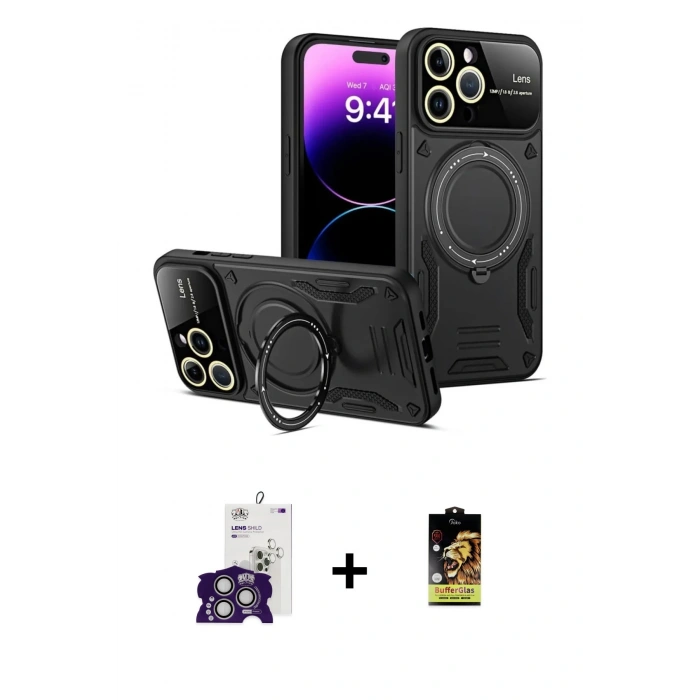 MARSİLYAN™- iPhone 16 Pro Max Kılıf Kıvılcım Modern Serisi - Siyah Buffer Cam Ekran Koruyucu + Bilvis Titan Kamera Lens - GS