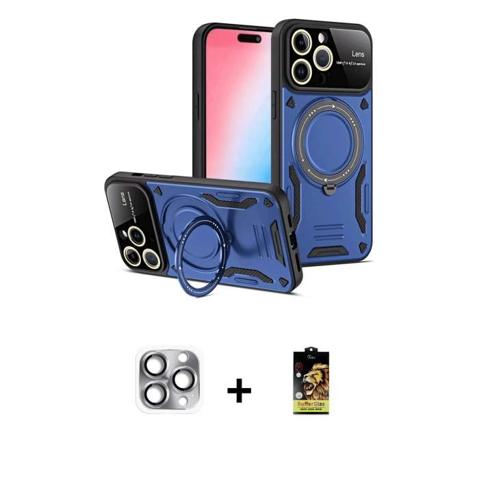 MARSİLYAN™- iPhone 16 Pro Max Kılıf Kıvılcım Modern Serisi - Siyah Buffer Cam Ekran Koruyucu + Pers Alüminyum Kamera Lens - GI