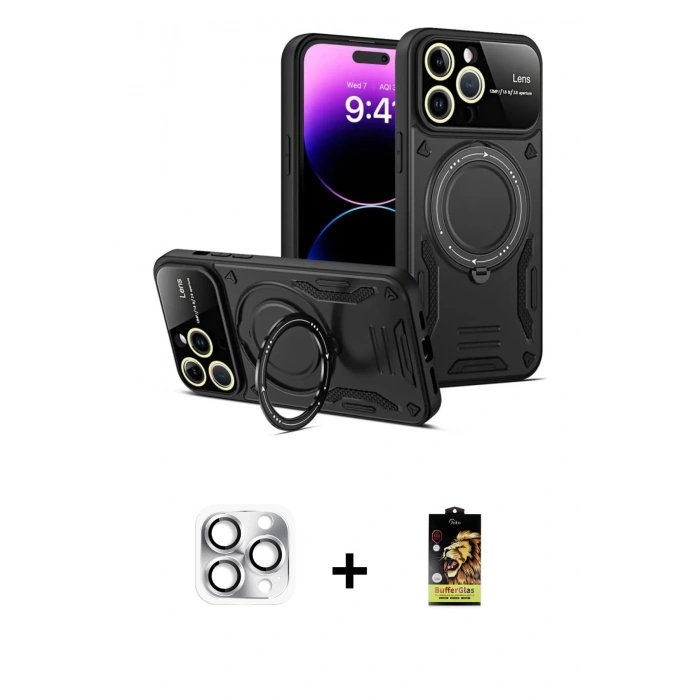 MARSİLYAN™- iPhone 16 Pro Max Kılıf Kıvılcım Modern Serisi - Siyah Buffer Cam Ekran Koruyucu + Pers Alüminyum Kamera Lens - GS