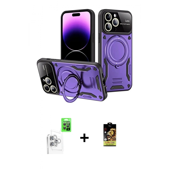 MARSİLYAN™- iPhone 16 Pro Max Kılıf Kıvılcım Modern Serisi - Siyah Buffer Cam Ekran Koruyucu + Raze Metal Kamera Lens - BZ