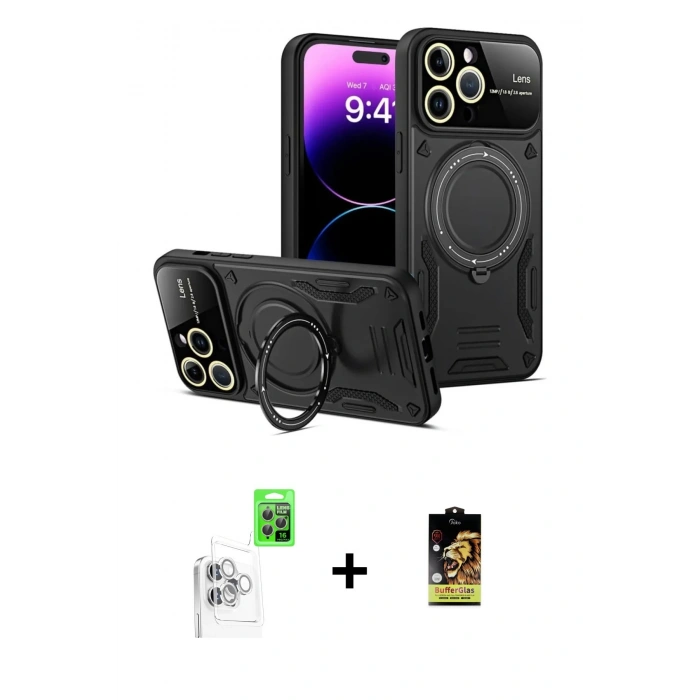 MARSİLYAN™- iPhone 16 Pro Max Kılıf Kıvılcım Modern Serisi - Siyah Buffer Cam Ekran Koruyucu + Raze Metal Kamera Lens - BZ