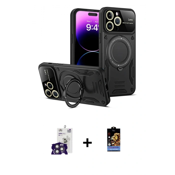 MARSİLYAN™- iPhone 16 Pro Max Kılıf Kıvılcım Modern Serisi - Siyah Buffer Hayalet Cam Ekran Koruyucu + Bilvis Titan Kamera Lens - TMGI