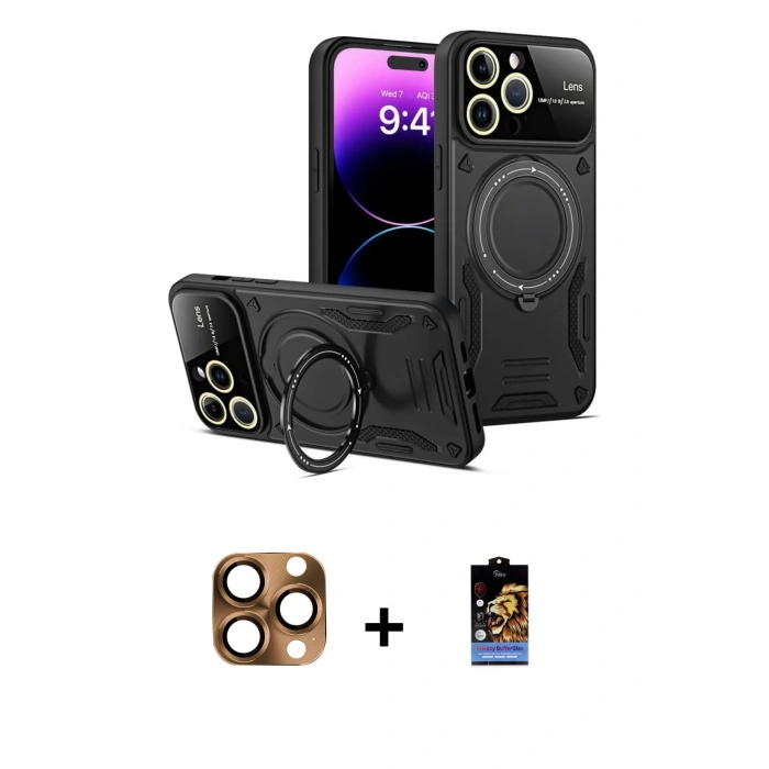 MARSİLYAN™- iPhone 16 Pro Max Kılıf Kıvılcım Modern Serisi - Siyah Buffer Hayalet Cam Ekran Koruyucu + Pers Alüminyum Kamera Lens - CLTM