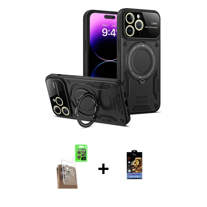 MARSİLYAN™- iPhone 16 Pro Max Kılıf Kıvılcım Modern Serisi - Siyah Buffer Hayalet Cam Ekran Koruyucu + Raze Metal Kamera Lens - CLTM