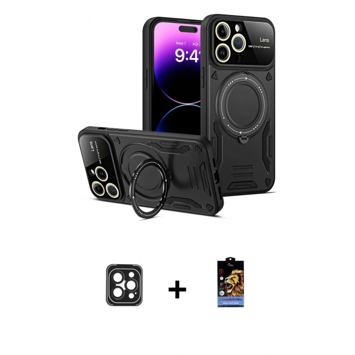 MARSİLYAN™- iPhone 16 Pro Max Kılıf Kıvılcım Modern Serisi - Siyah Buffer Hayalet Cam Ekran Koruyucu + PVD Metal Kamera Lens - SH