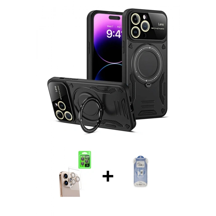 MARSİLYAN™- iPhone 16 Pro Max Kılıf Kıvılcım Modern Serisi - Siyah Joko Magic 5D Cam + Natural Grey Raze Metal Kamera Lens