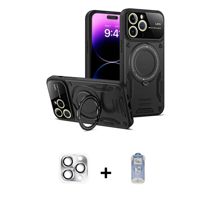 MARSİLYAN™- iPhone 16 Pro Max Kılıf Kıvılcım Modern Serisi - Siyah Joko Magic 5D Cam + Pers Alüminyum Kamera Lens - GS