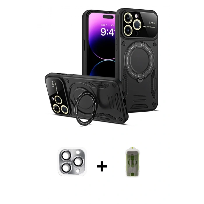 MARSİLYAN™- iPhone 16 Pro Max Kılıf Kıvılcım Modern Serisi - Siyah Joko Magic 5D Hayalet Cam + Pers Alüminyum Kamera Lens - GI