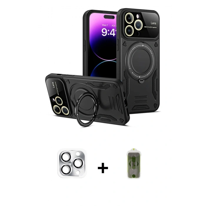 MARSİLYAN™- iPhone 16 Pro Max Kılıf Kıvılcım Modern Serisi - Siyah Joko Magic 5D Hayalet Cam + Pers Alüminyum Kamera Lens - GS